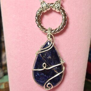 HAND CRAFTED Wire Wrapped Sodalite Pendant on Swaps Silver Tarnish Res Necklace